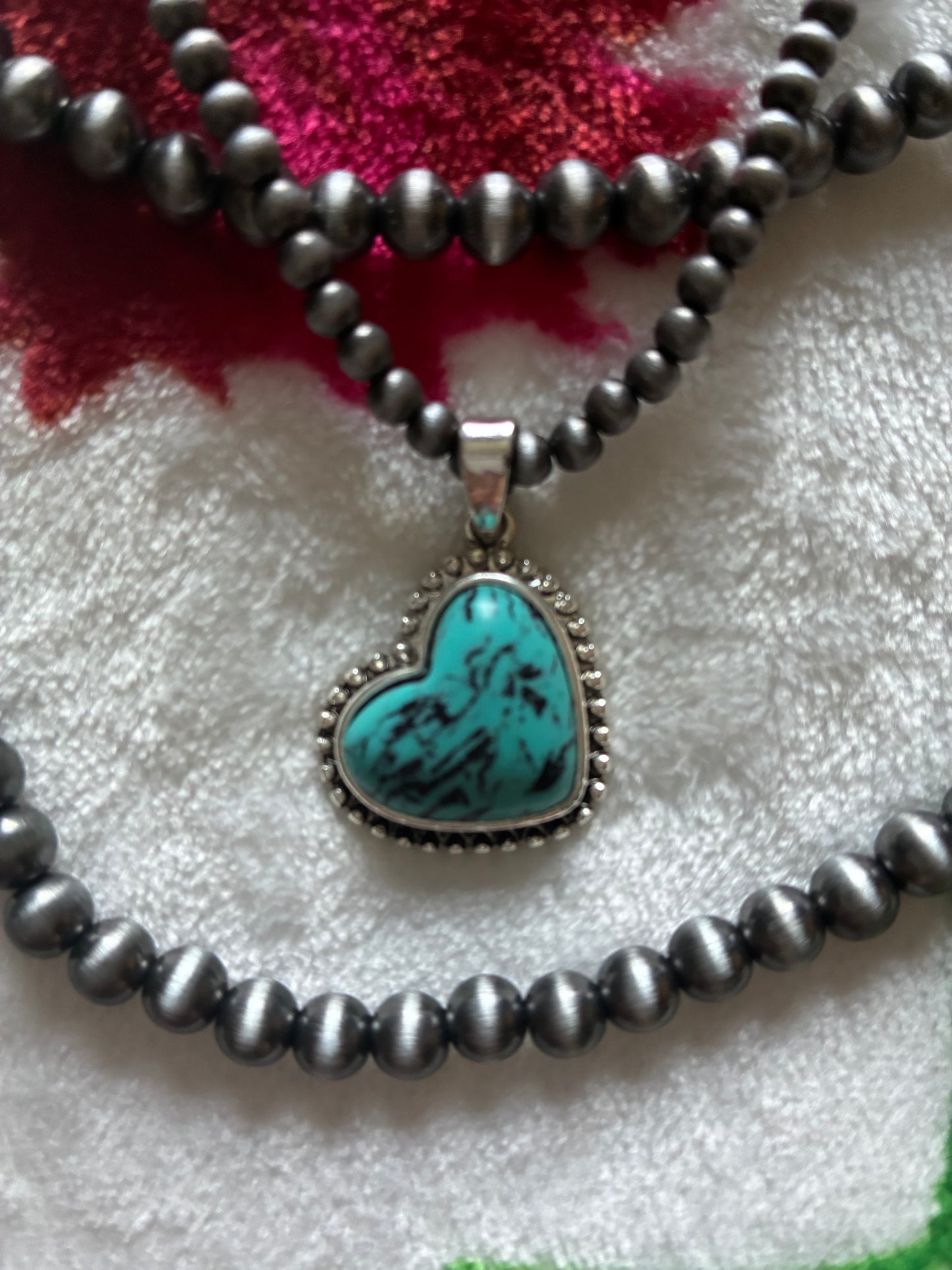 3 Layer Pearl Beaded Necklace with Turquoise Heart
