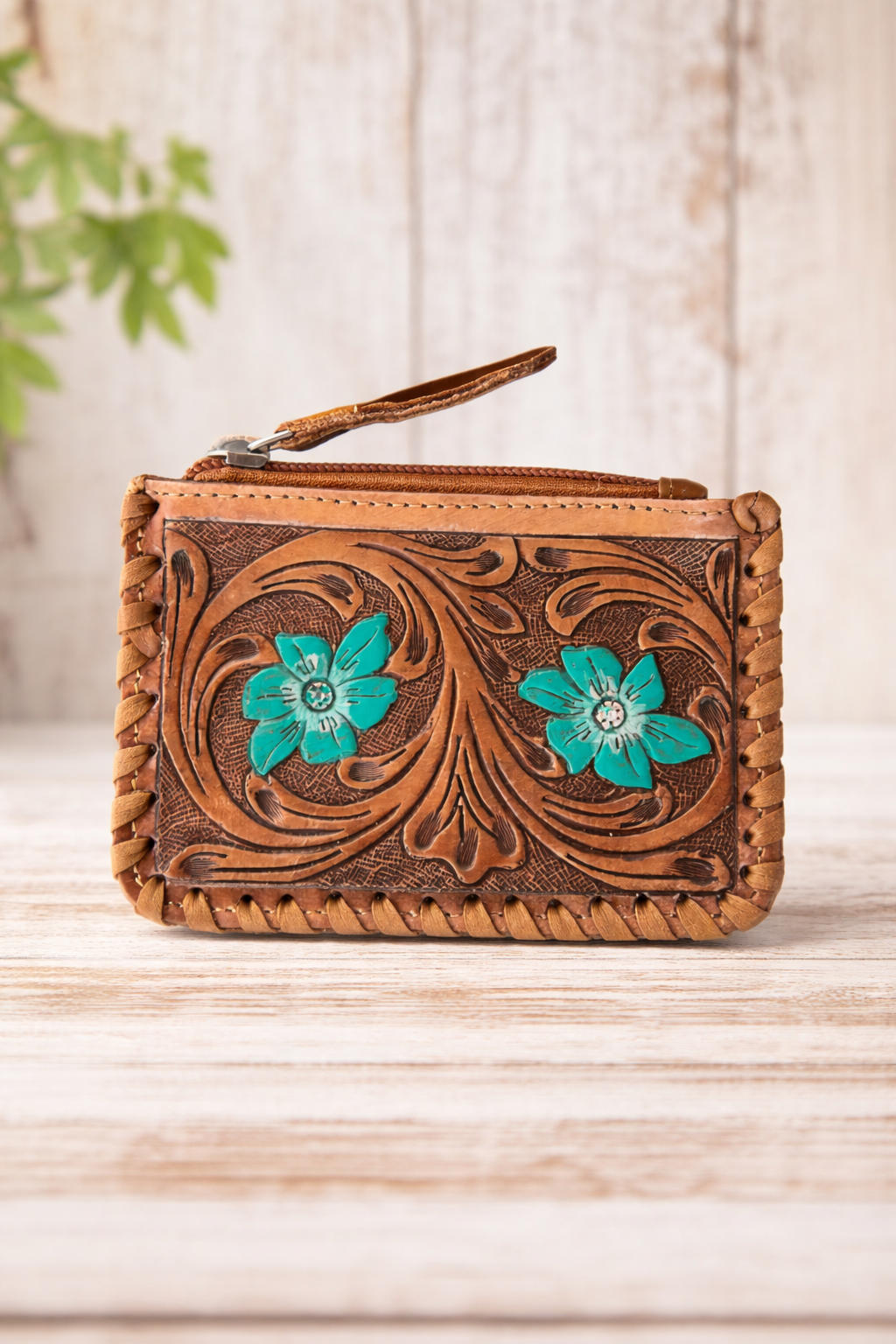 Turquoise Flower Tooled Cowhide Coin Purse