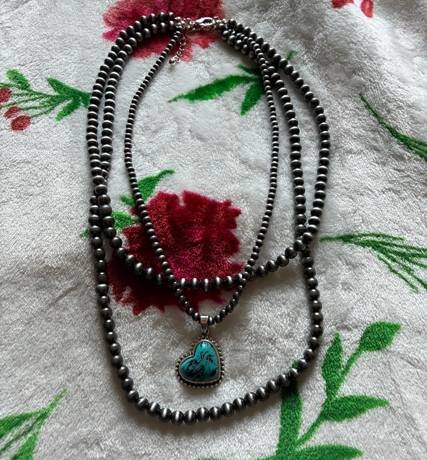 3 Layer Pearl Beaded Necklace with Turquoise Heart