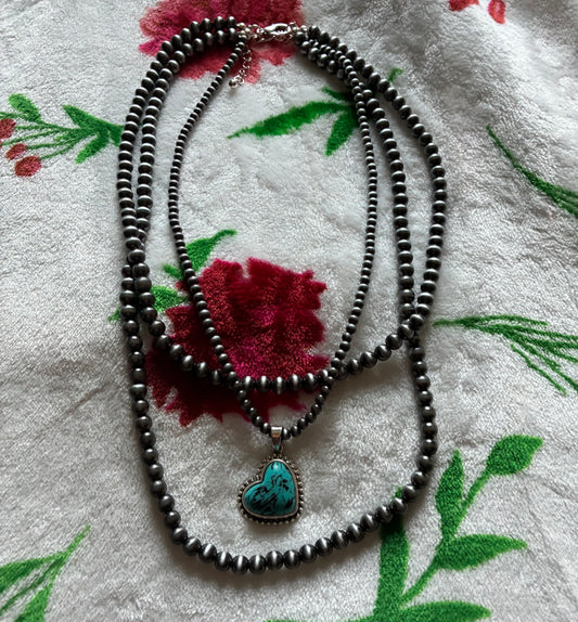 3 Layer Pearl Beaded Necklace with Turquoise Heart