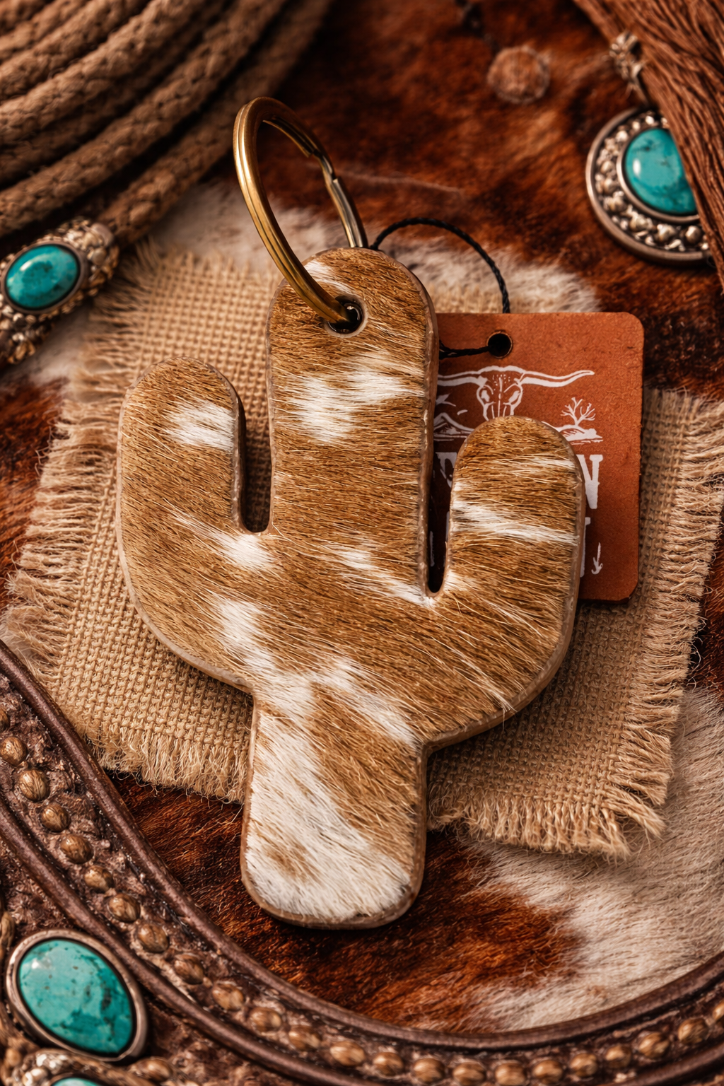 Cowhide Cactus Keychain